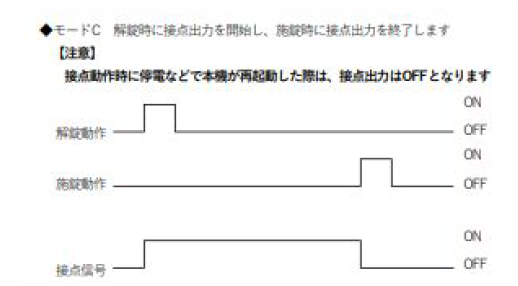 モードCの動き。解錠の操作で接点の信号がONになり、施錠の操作でOFFになる。接点を出しているあいだに停電などで再起動すると、接点はOFFになる