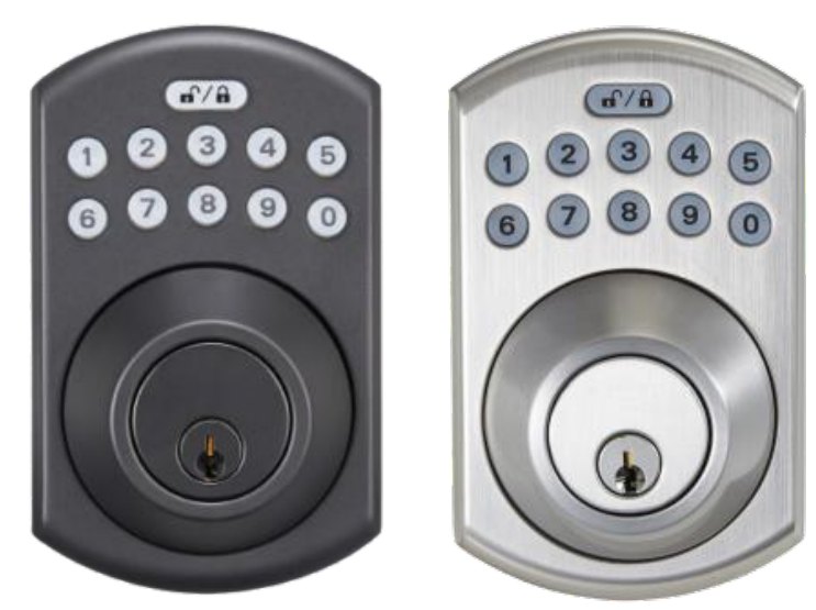 RemoteLOCK 500i の屋外側の正面写真。左がブラック、右がシルバー。テンキーの上に上部楕円ボタン、下にシリンダー（鍵穴）がある