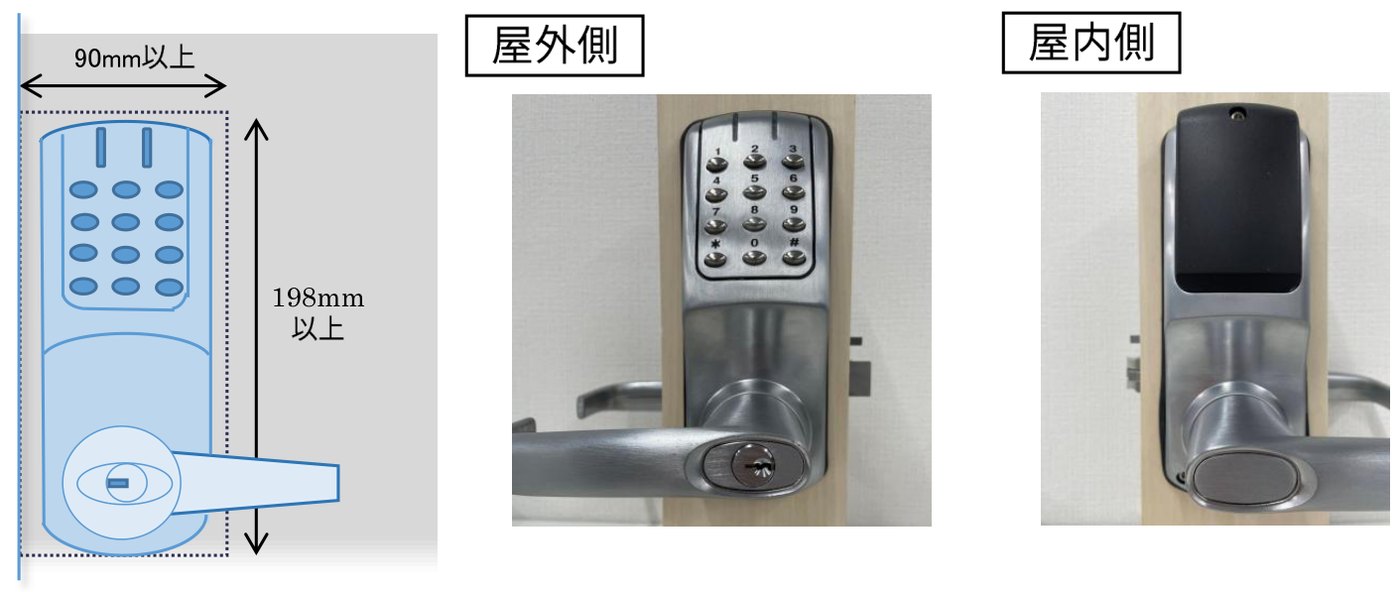 オールステンロックケースの場合の取り付けスペースの図と、700i（シルバー）の屋外側・室内側の写真。幅90mm以上・高さ198mm以上