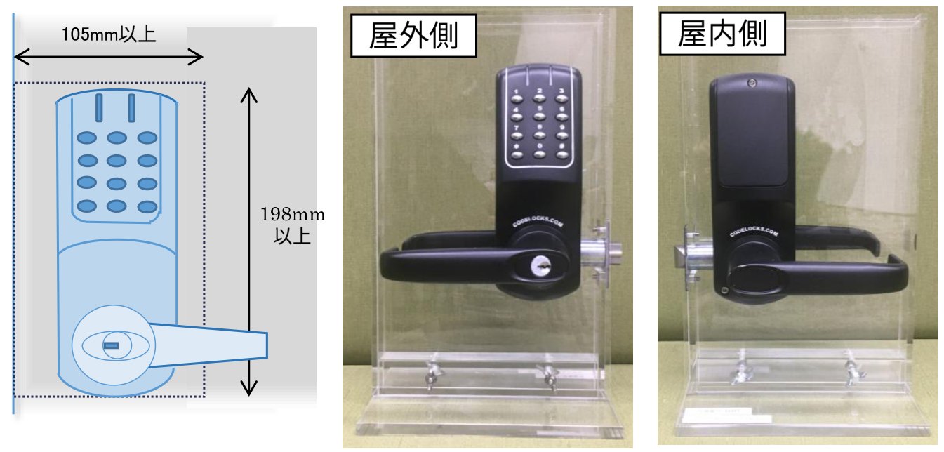 チューブラー錠ラッチの場合の取り付けスペースの図と、700i（ブラック）を透明の見本用の扉に付けた屋外側・室内側の写真。幅105mm以上・高さ198mm以上