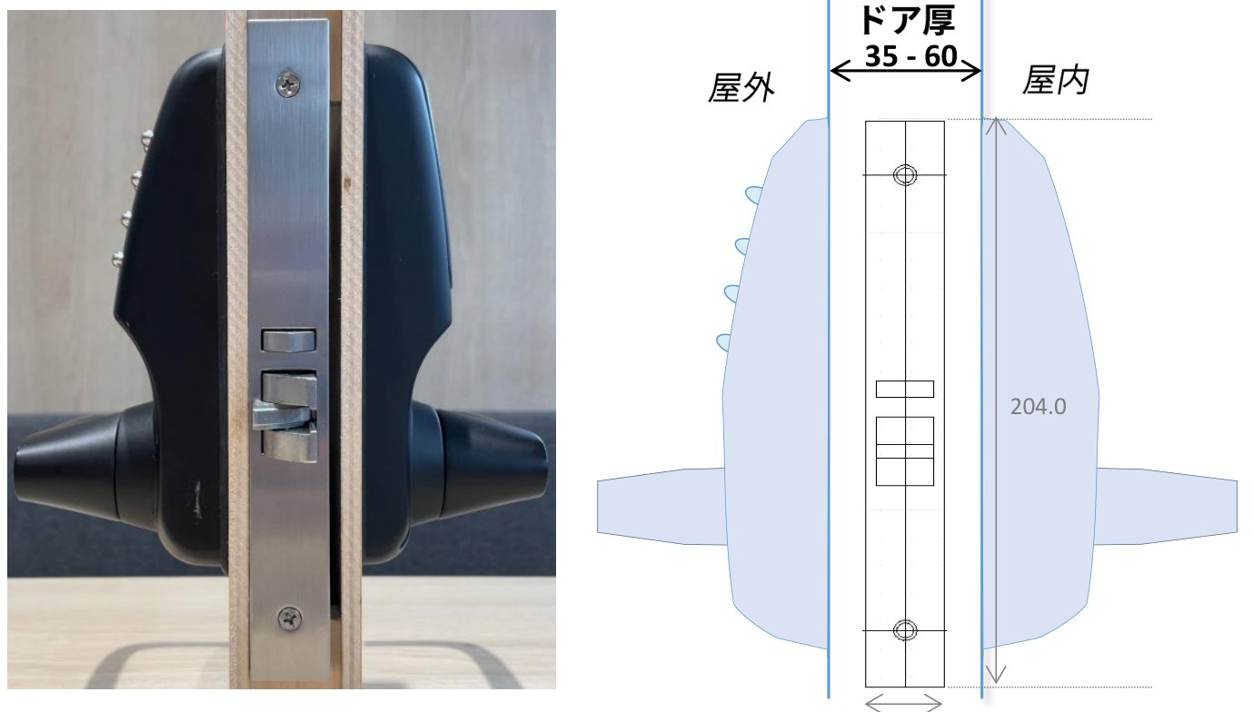 700i を旧型のロックケースで取り付けた扉の断面の写真と図。ドア厚35〜60mm、ロックケースのフロントの高さ204.0mm