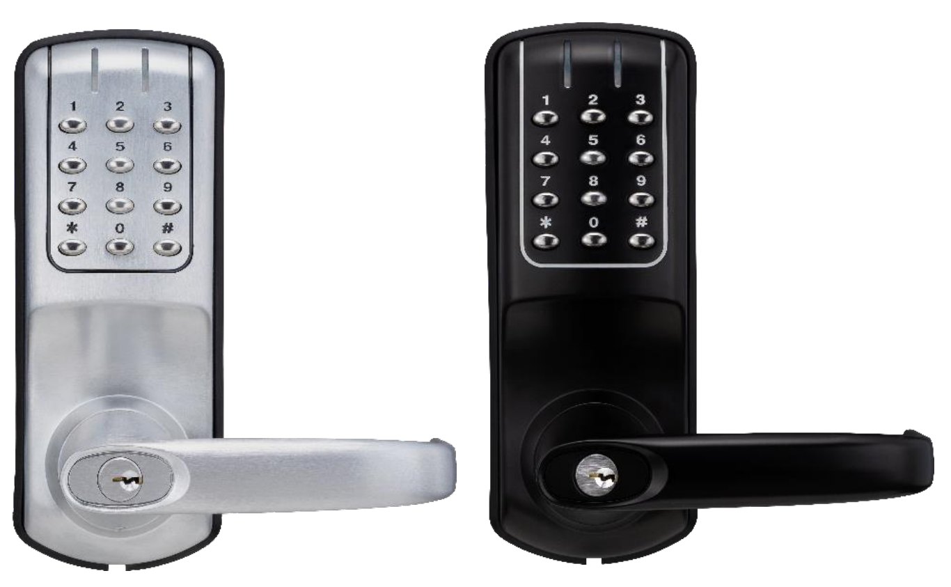 RemoteLOCK 700i の外観。左がシルバー、右がブラック。テンキーの付いた外側キーパッドとレバーハンドル