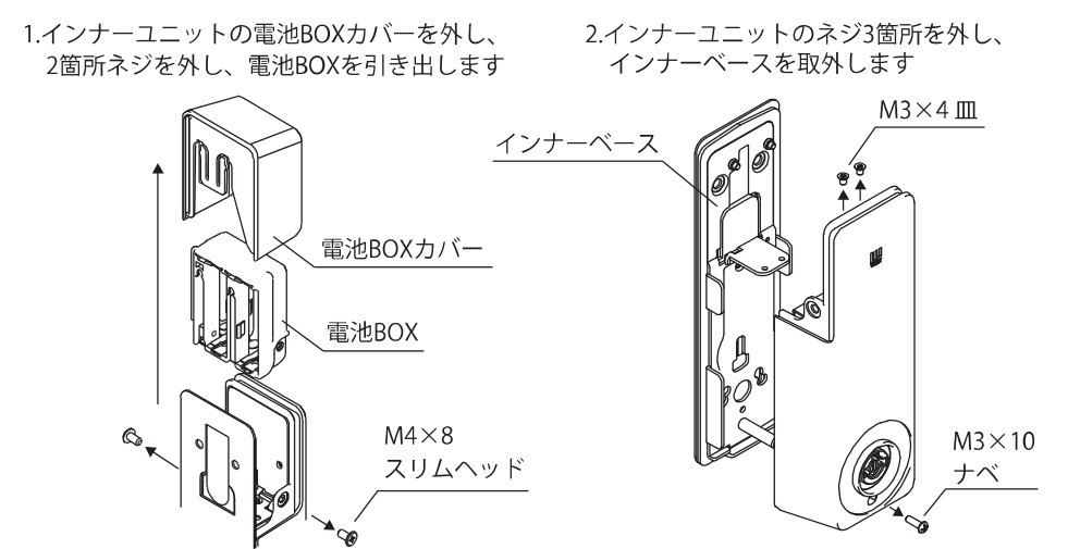 事前作業1・2の図。電池BOXカバーと電池BOX（M4×8スリムヘッド）、インナーベース（M3×4皿・M3×10ナベ）の外し方