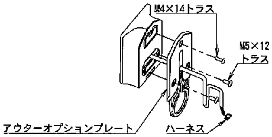 手順2の図。アウターユニットにアウターオプションプレートを M4×14 トラスネジ1本と M5×12 トラスネジ2本で留める。ハーネスはプレートの穴に通す