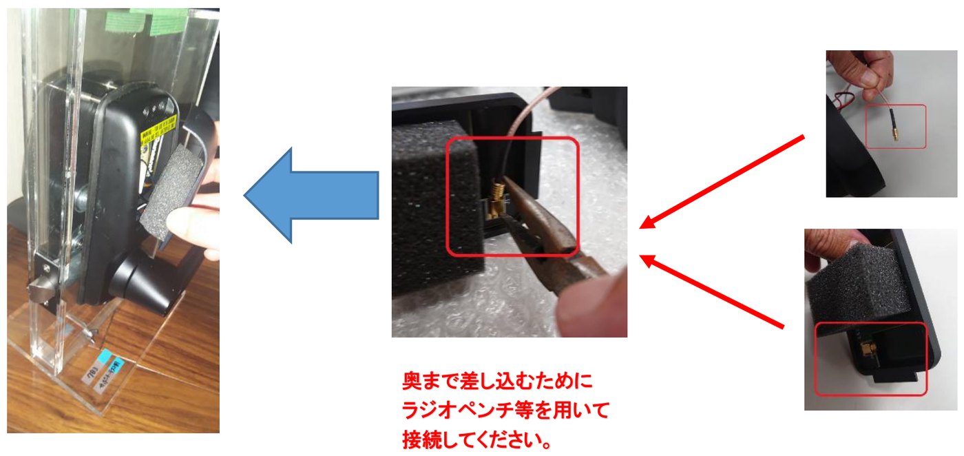 手順21。右の2枚はアンテナ線のコネクターと電池カバーの内側（赤枠）、中央はラジオペンチでアンテナ線を奥まで差し込むところ、左は電池カバーを取り付けるところ