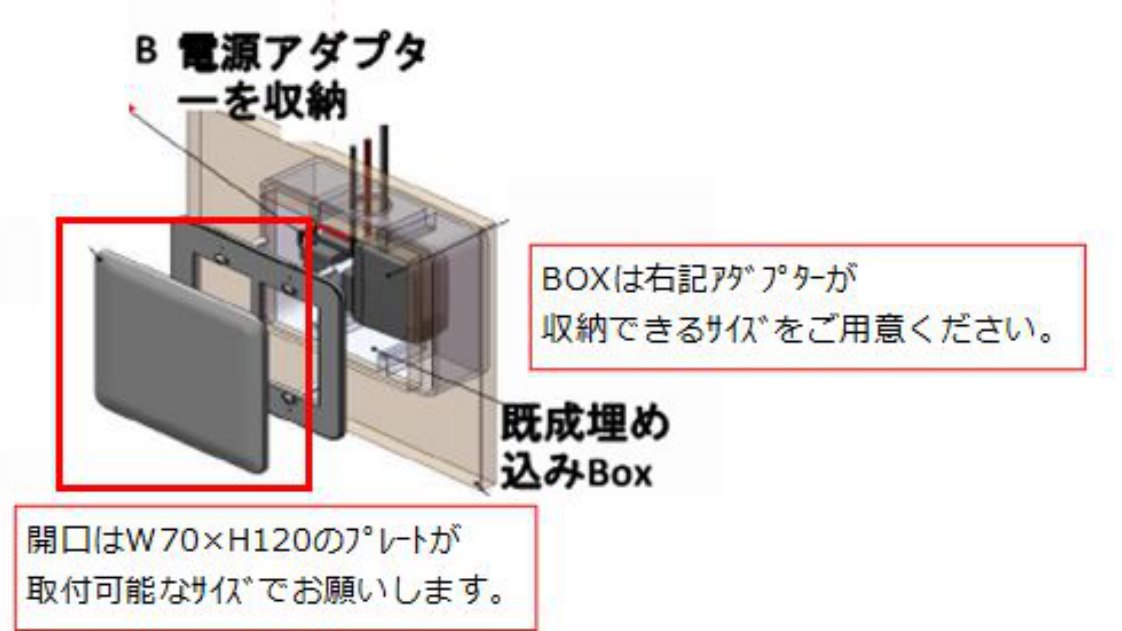 扉の横の壁に既製の埋め込みボックスを設け、電源アダプターを収める図。ボックスの開口はW70×H120mmのプレートが付く大きさ