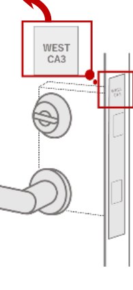 扉の側面の錠前のフロントに刻印された型番（例：WEST CA3）の位置