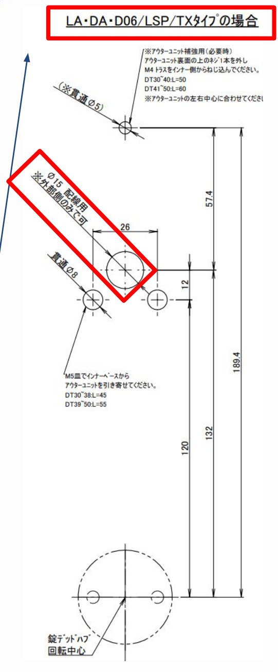 切欠図「LA・DA・D06／LSP／TXタイプの場合」。φ15配線用（外部側のみで可）を赤枠で示す。φ5貫通（括弧付き）、φ8貫通、26mm、57.4mm・12mm・120mm・132mm・189.4mm