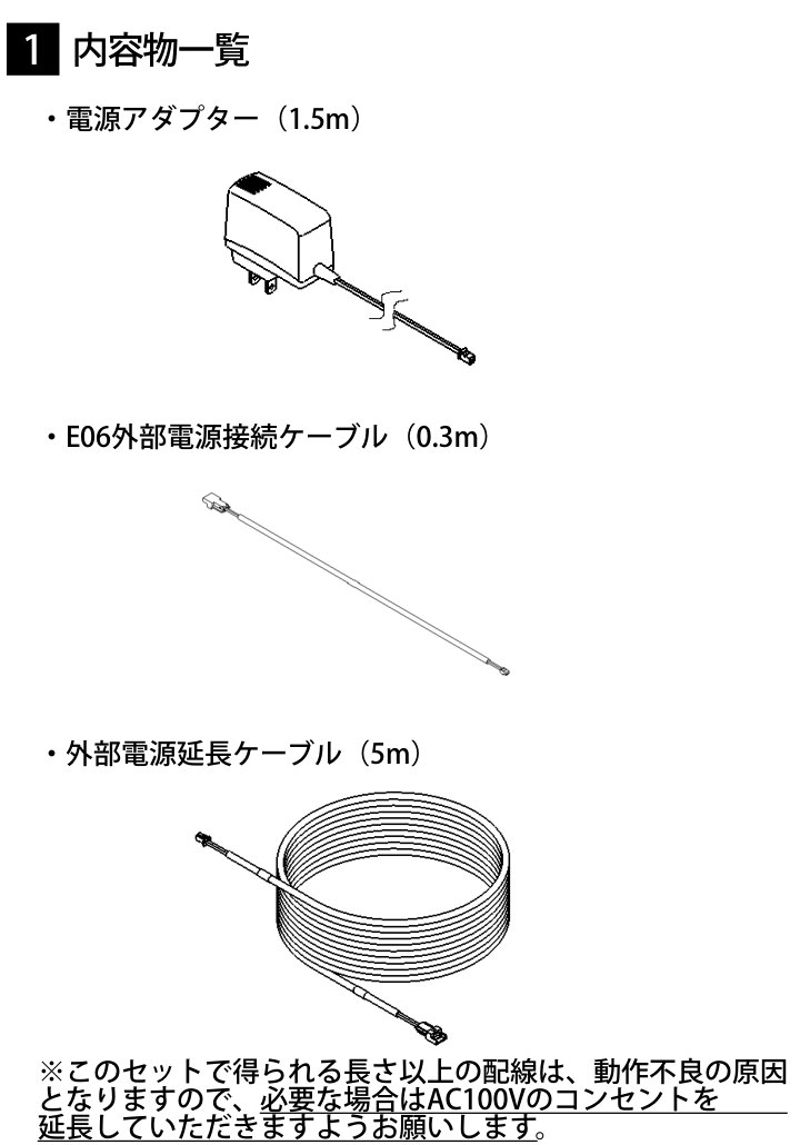 外部電源用セットの内容物の図。電源アダプター（1.5m）、E06外部電源接続ケーブル（0.3m）、外部電源延長ケーブル（5m）